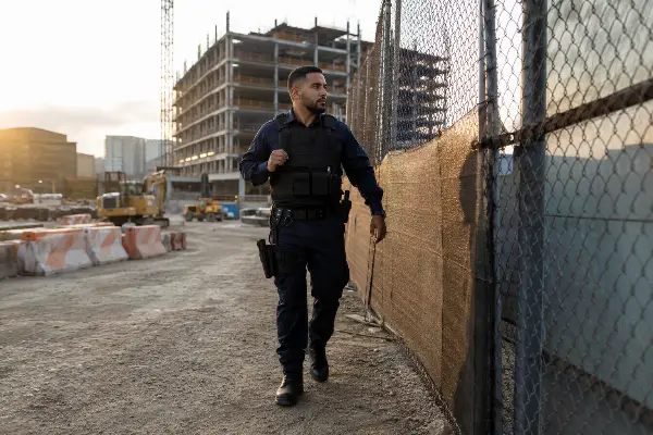 Armed security guard patrolling construction site