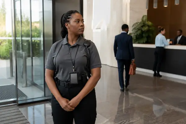 Female security guard monitoring office lobby
