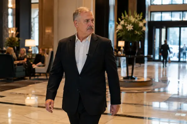 Older male hotel security officer in lobby