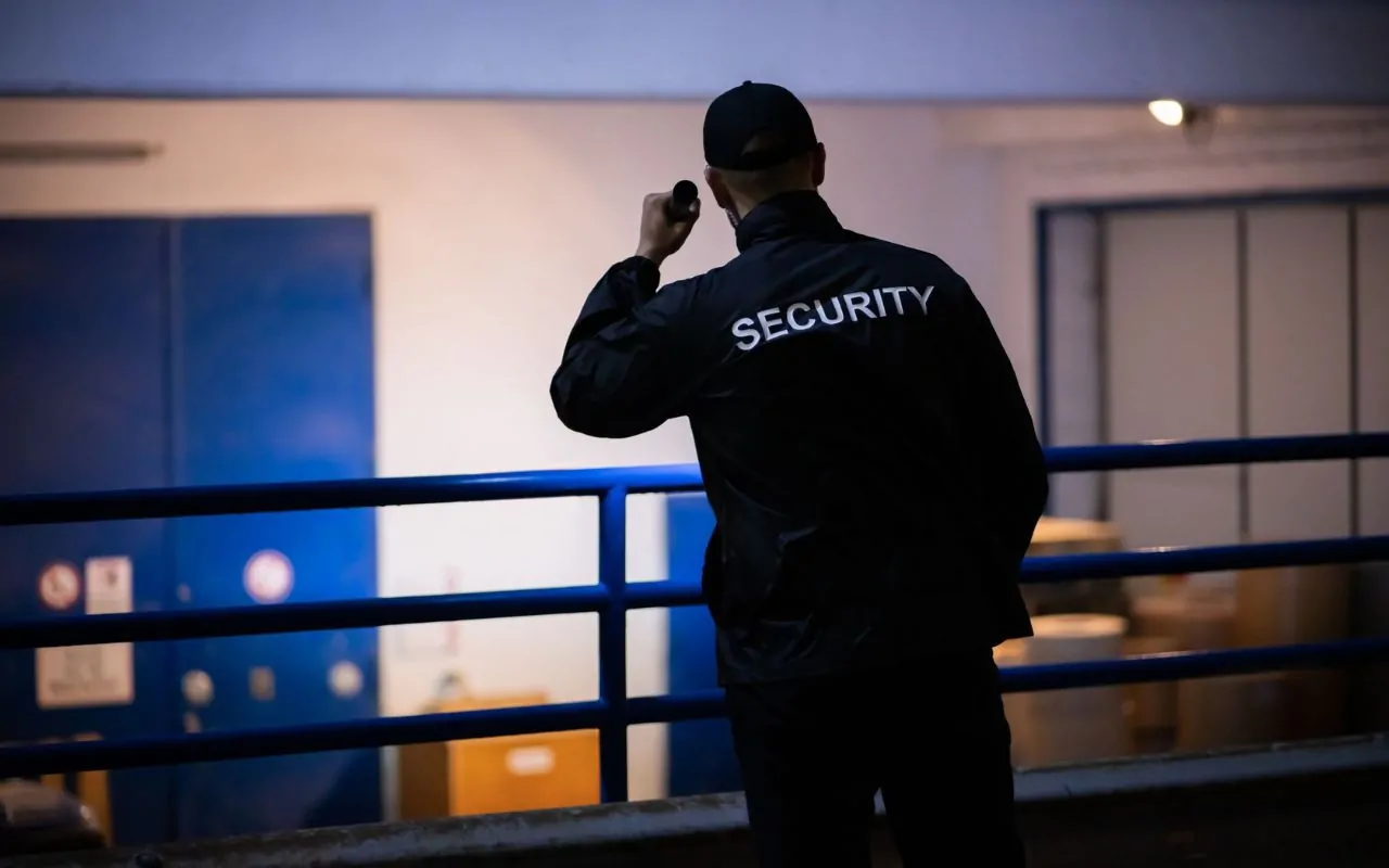 Security officer closely observing surroundings for risks