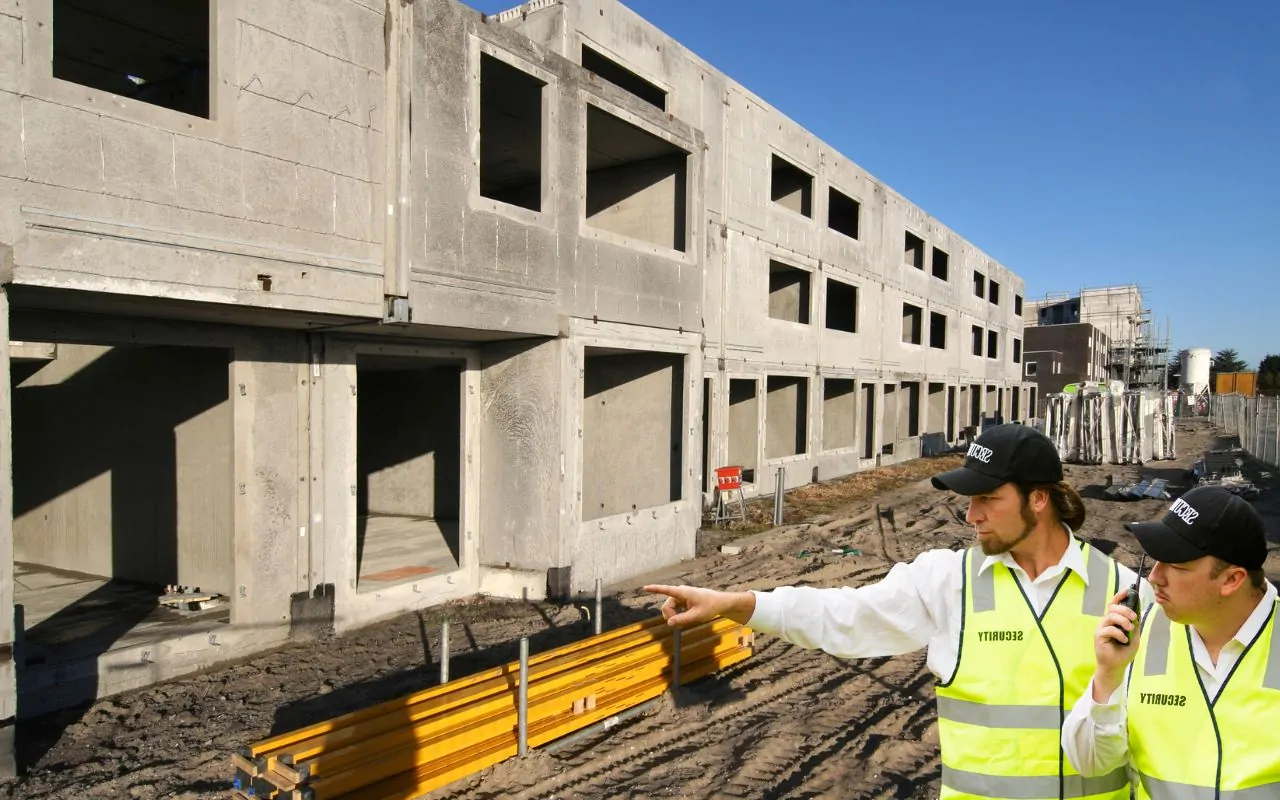 Security guard patrolling a Houston construction site at dusk