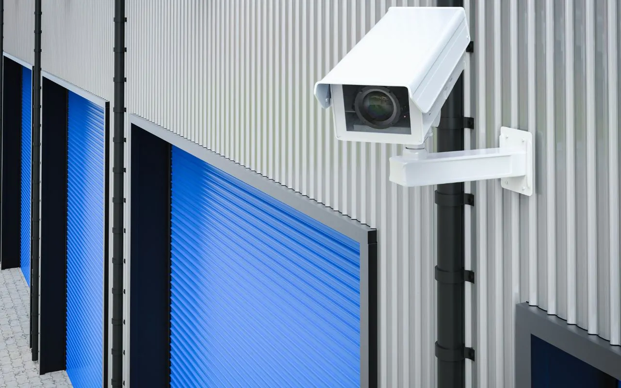 High-resolution security cameras installed inside a warehouse aisle