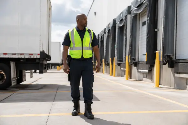 Security guard inspecting warehouse loading dock