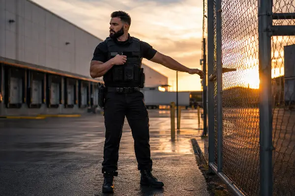 Security guard checking warehouse perimeter fence at sunset