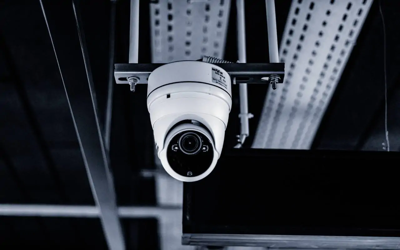 High-definition surveillance cameras monitoring a bank lobby
