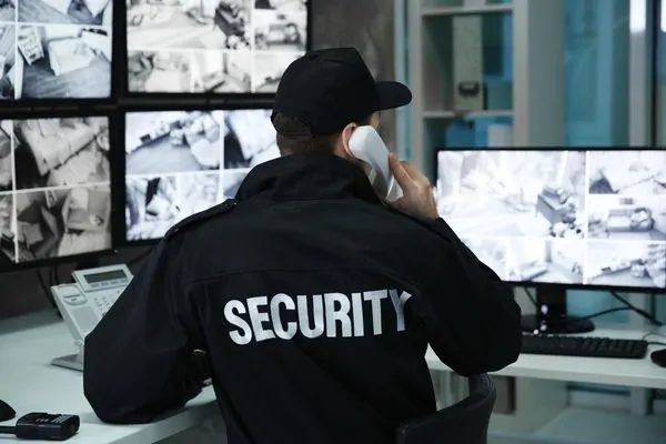Security guard monitoring surveillance CCTV screens