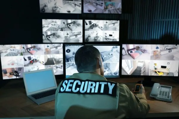 Security guard observing the live feed of the security cameras