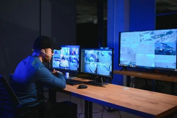 Security guard monitoring surveillance camera footage