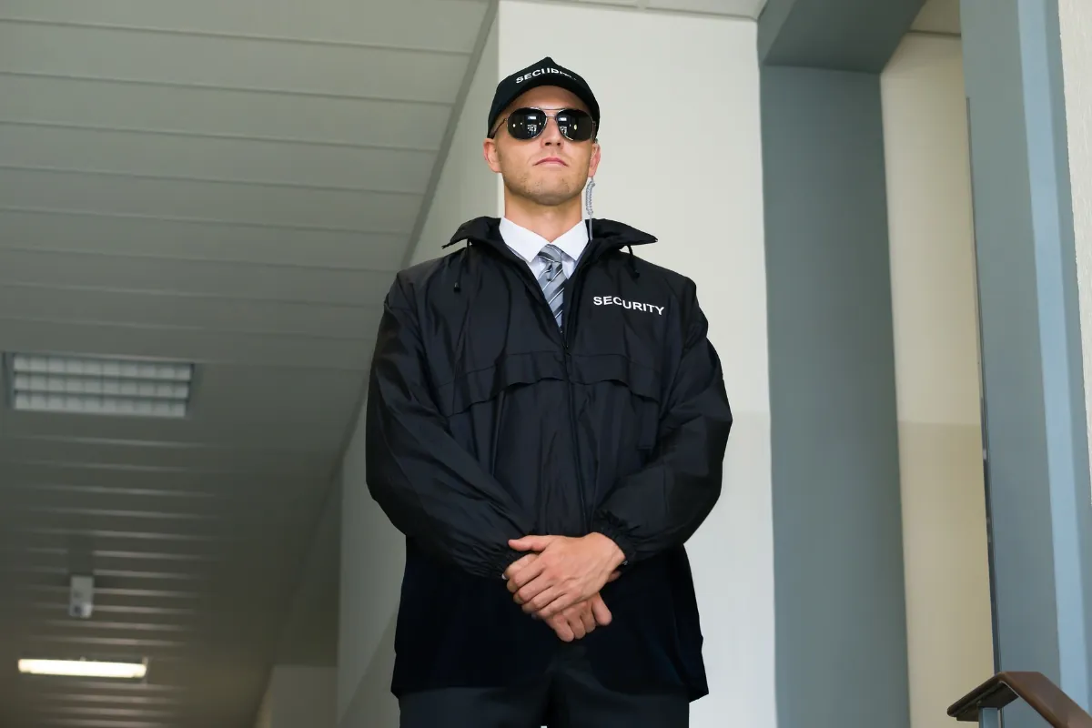 Hotel security guard on high alert.
