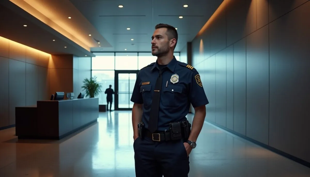 Hotel security guard on duty in the lobby