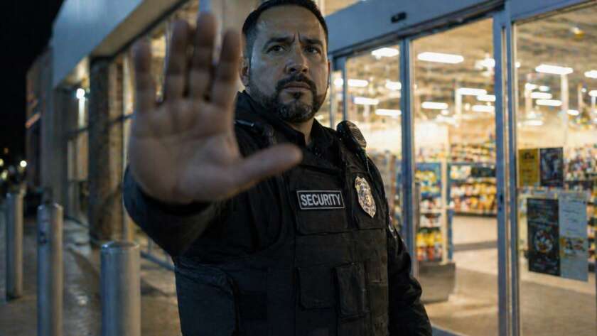 Security guard checks person's ID at entrance