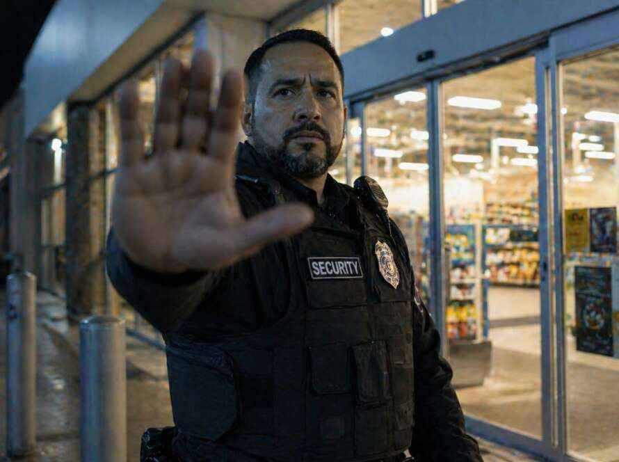 Security guard checks person's ID at entrance