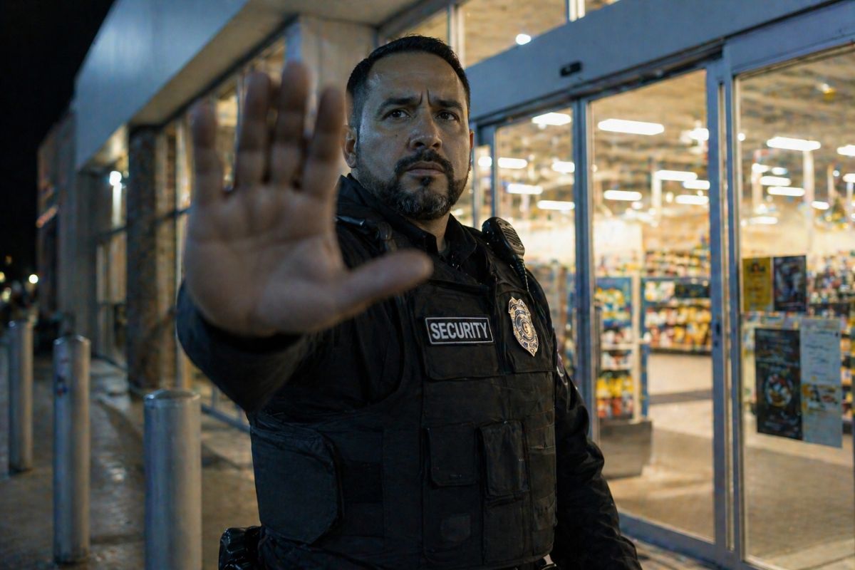 Security guard checks person's ID at entrance