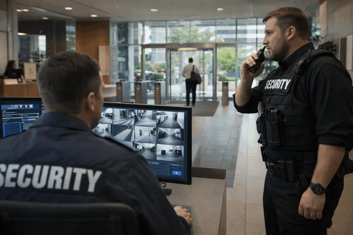 Security officers monitor office lobby activity