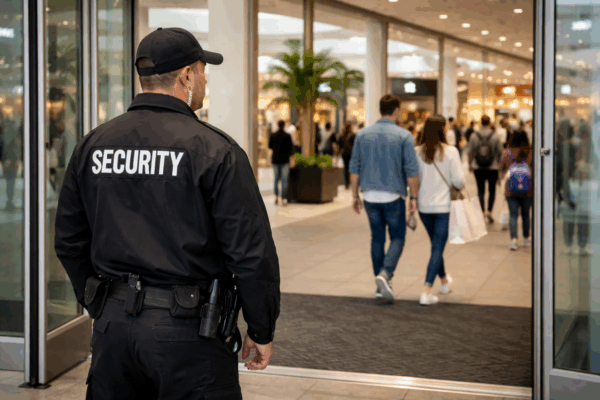 Mall security guard welcoming shoppers