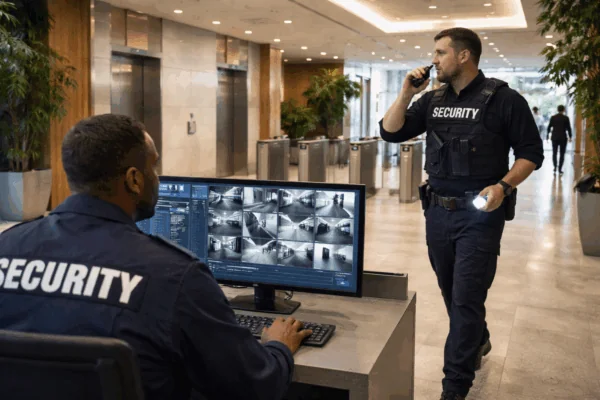 Security officers in office building patrol