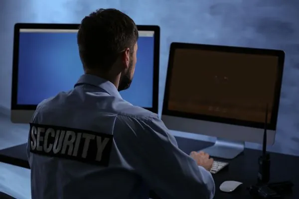 Security guard monitoring CCTV surveillance screens