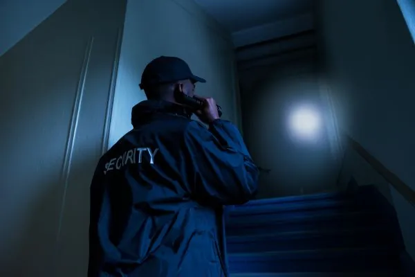 Security guard patrolling building at night