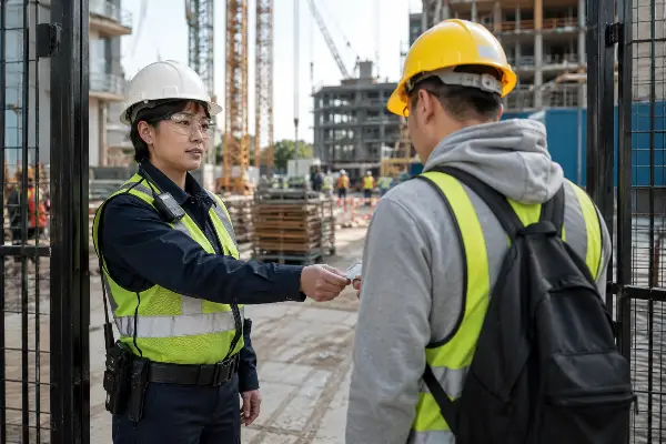 Female security guard verifying worker access at construction site