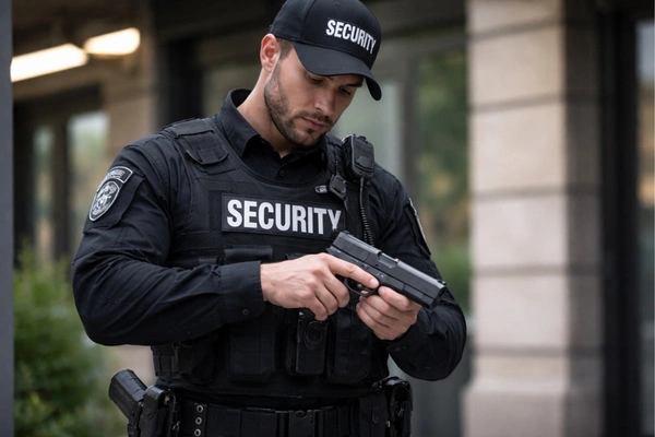 Armed security guard inspecting his firearm.
