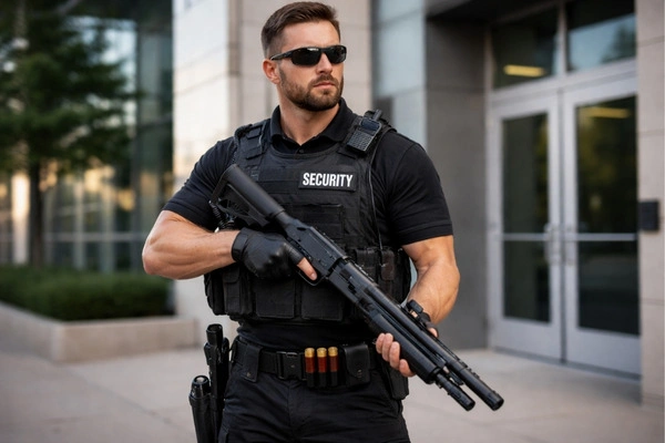 Armed security guard with a shotgun at a facility entrance.