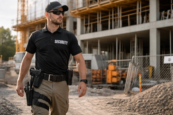 Armed security guard patrolling a construction site.