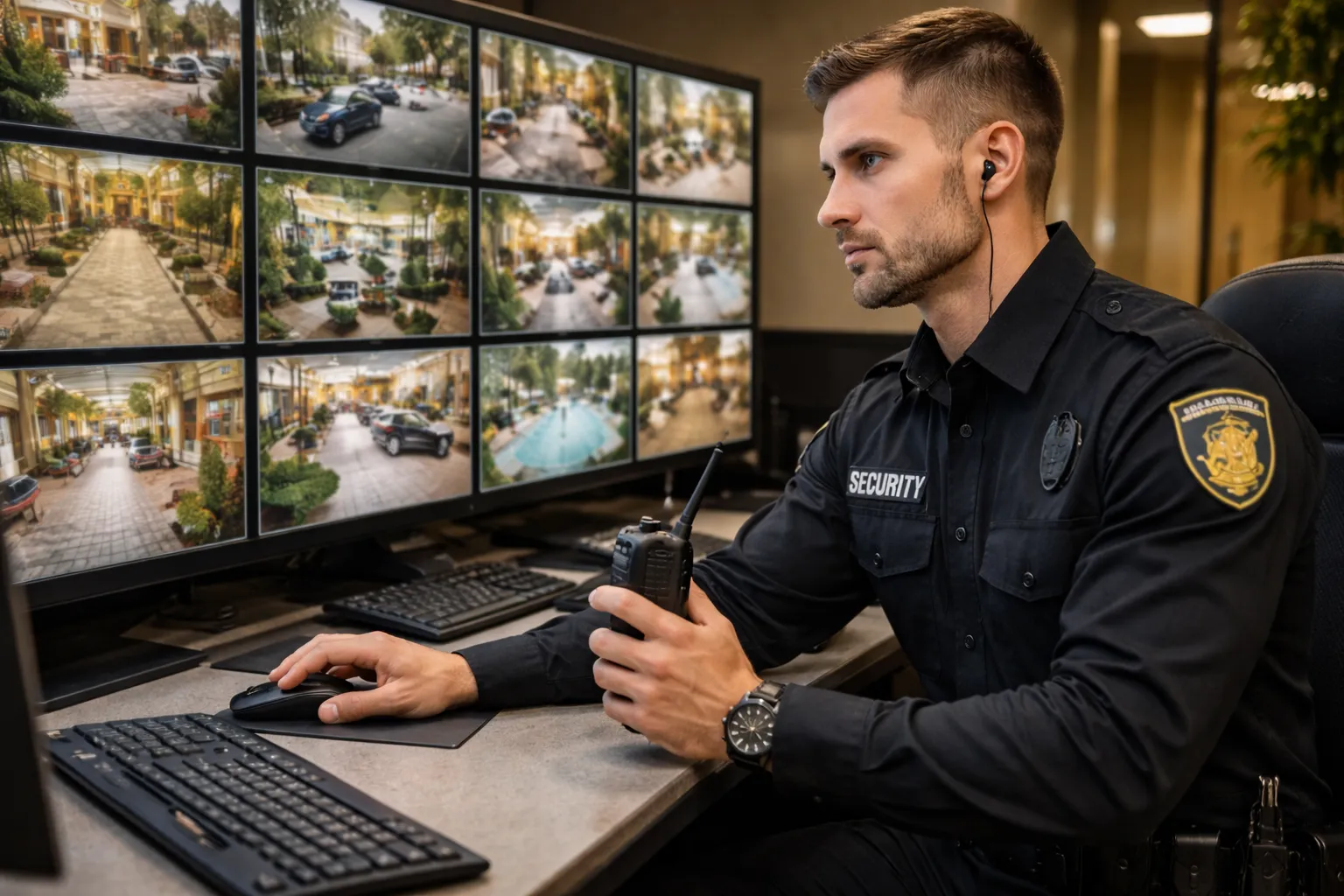 Hotel security guard monitoring CCTV screens