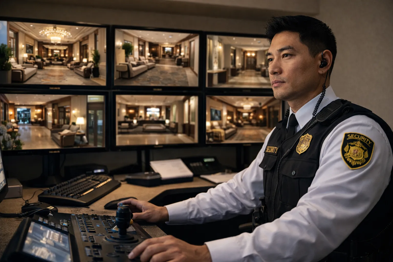 Hotel security guard monitoring surveillance screens