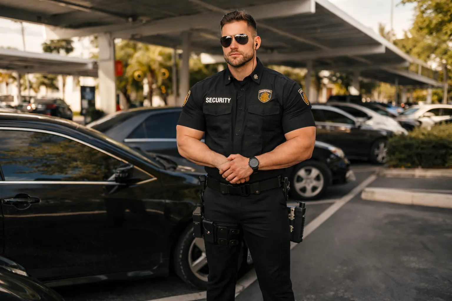 Hotel security guard patrolling parking lot