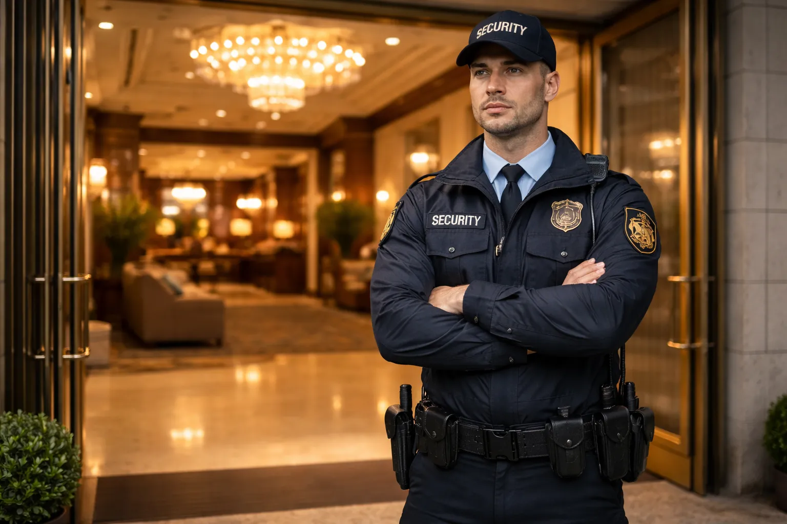 Hotel security guard standing in luxury lobby