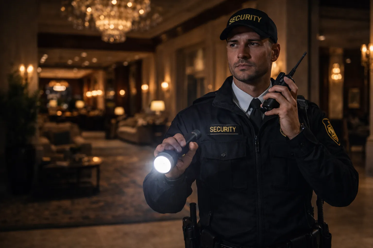 Night hotel lobby security guard