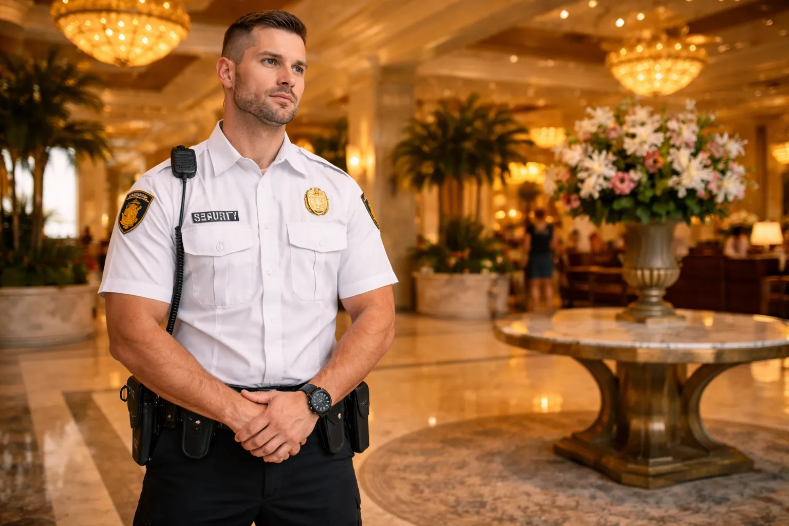 Professional hotel security guard standing in hotel lobby