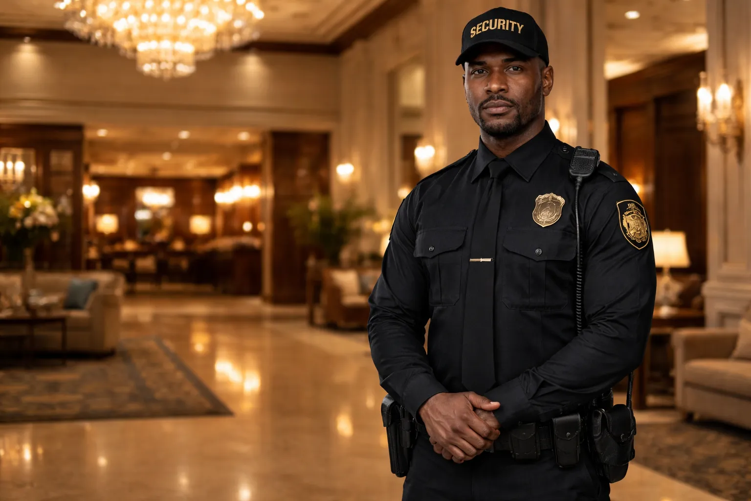 Security guard at hotel entrance on duty