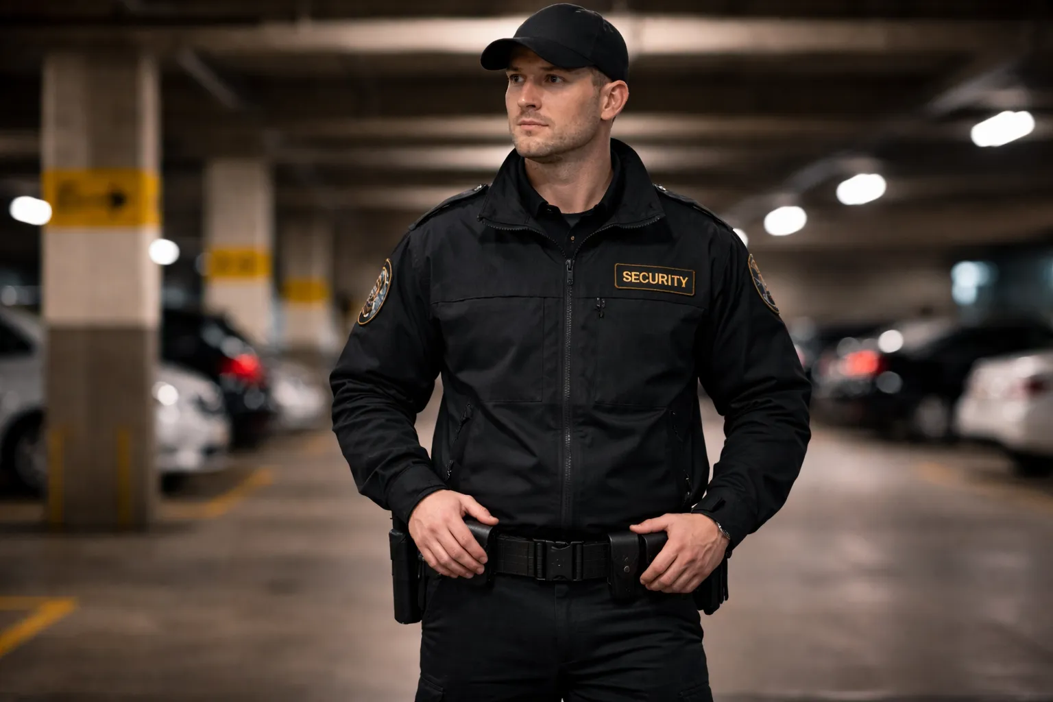 Security guard in uniform standing in an underground parking lot