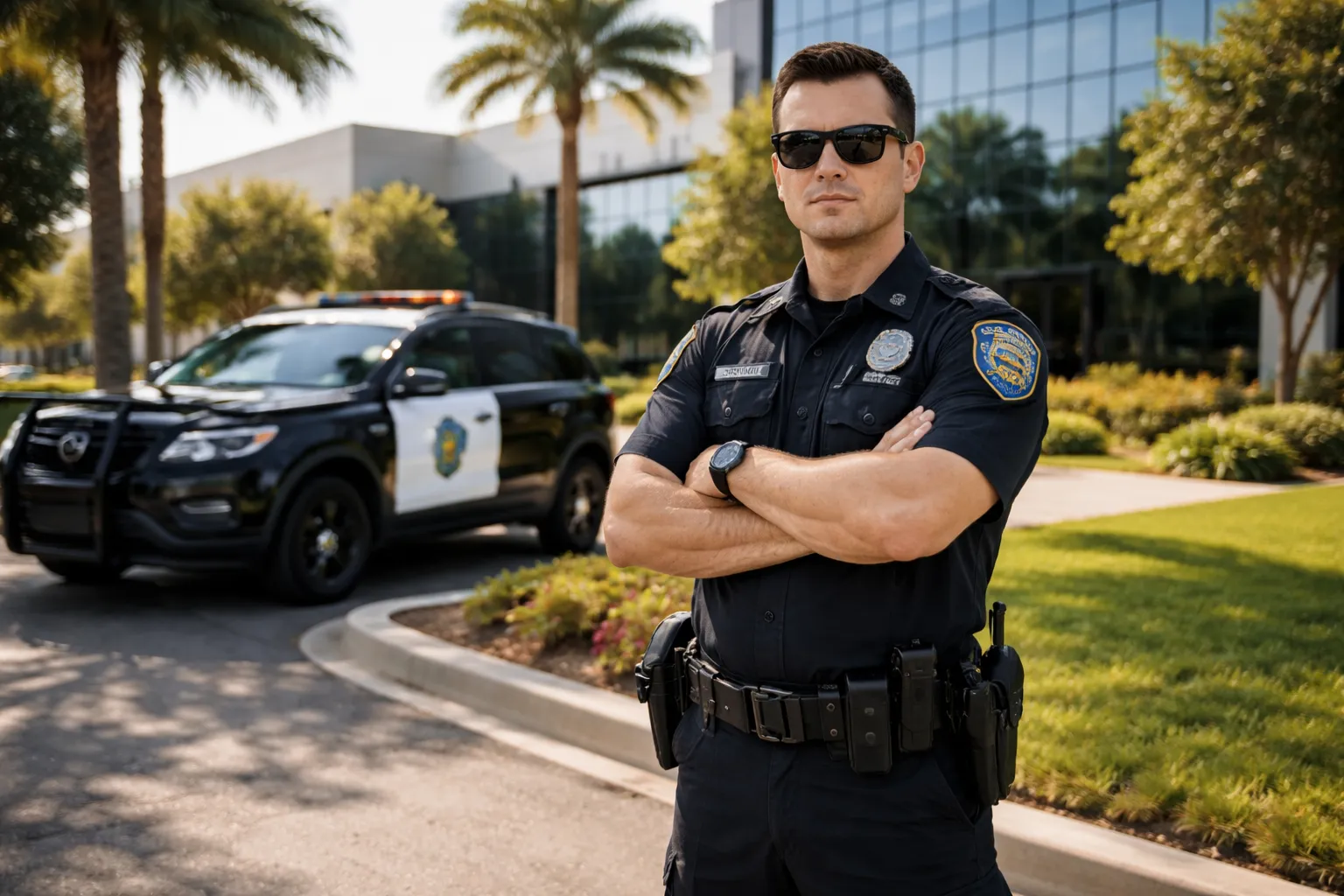 Security guard in uniform standing near an office building