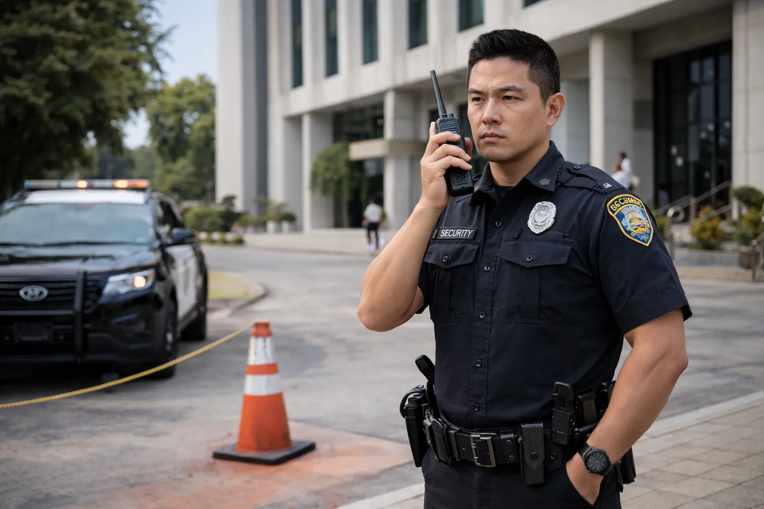 Security guard on duty using a handheld radio
