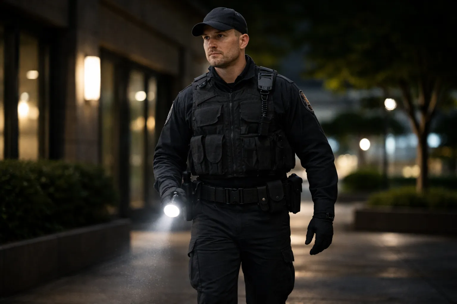 Security guard patrolling outside at night