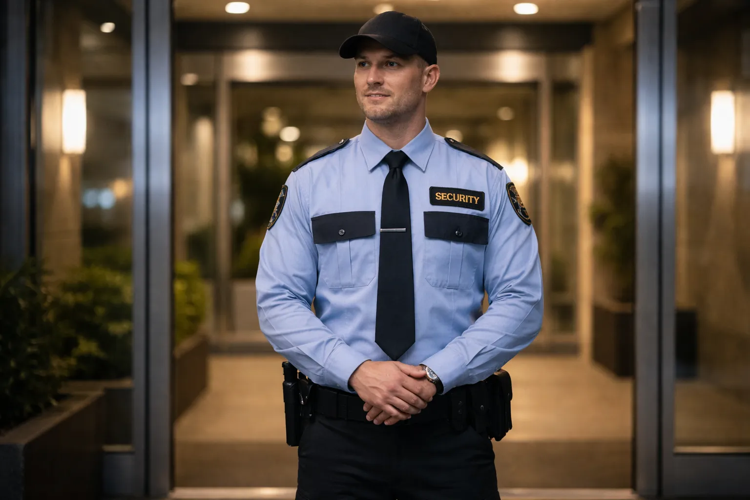 Unarmed security guard standing at a building entrance