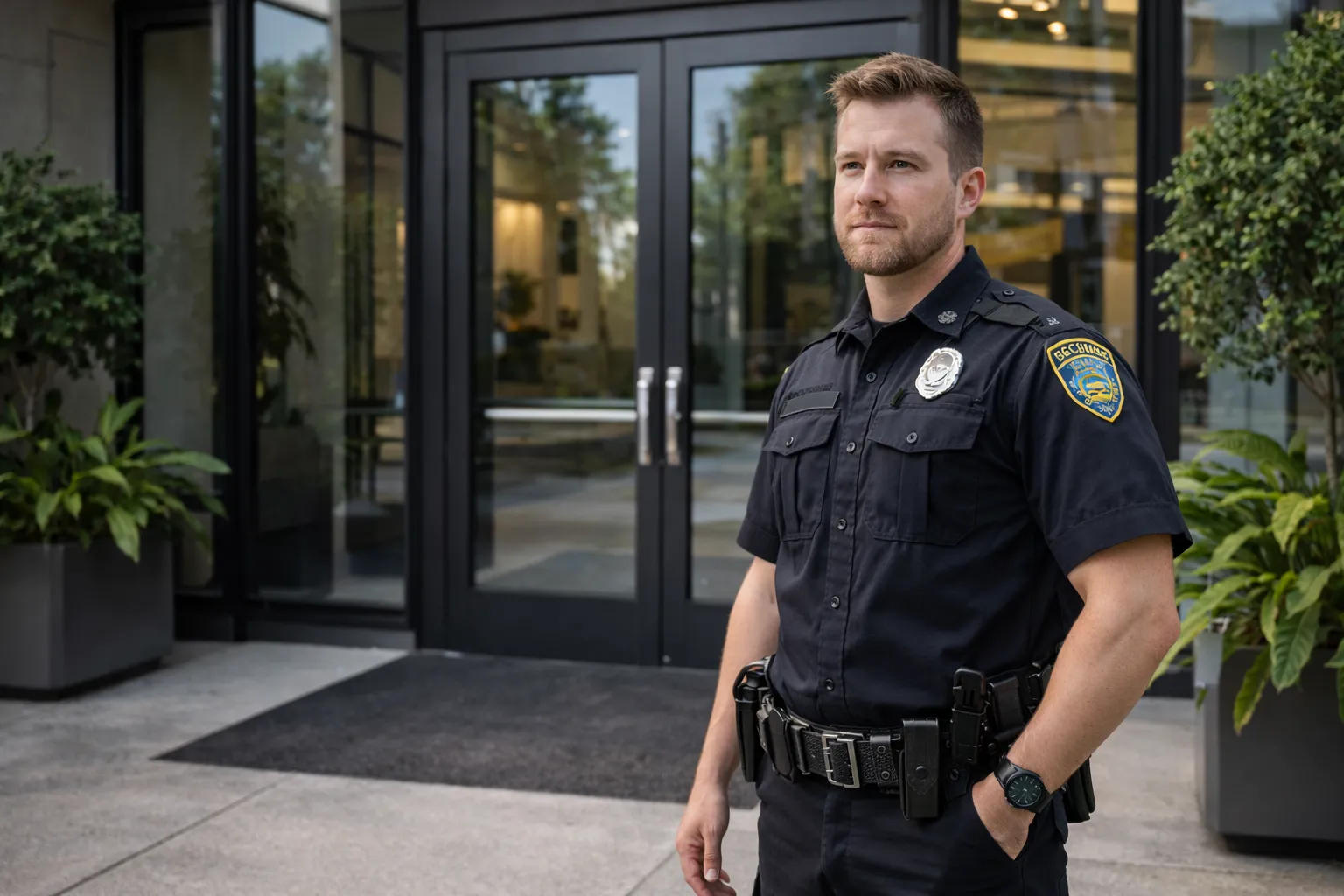 Security guard standing at a glass building entrance