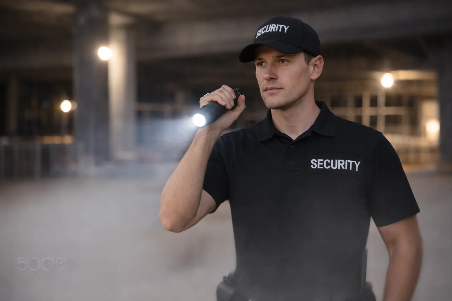 security guard holding a flashlight while patroling at night