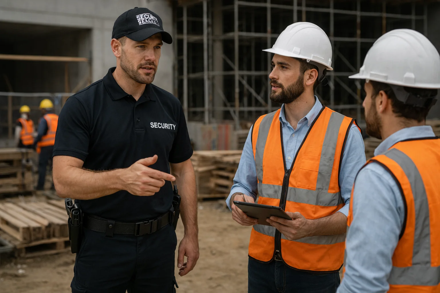 Security guard talking to the site engineers