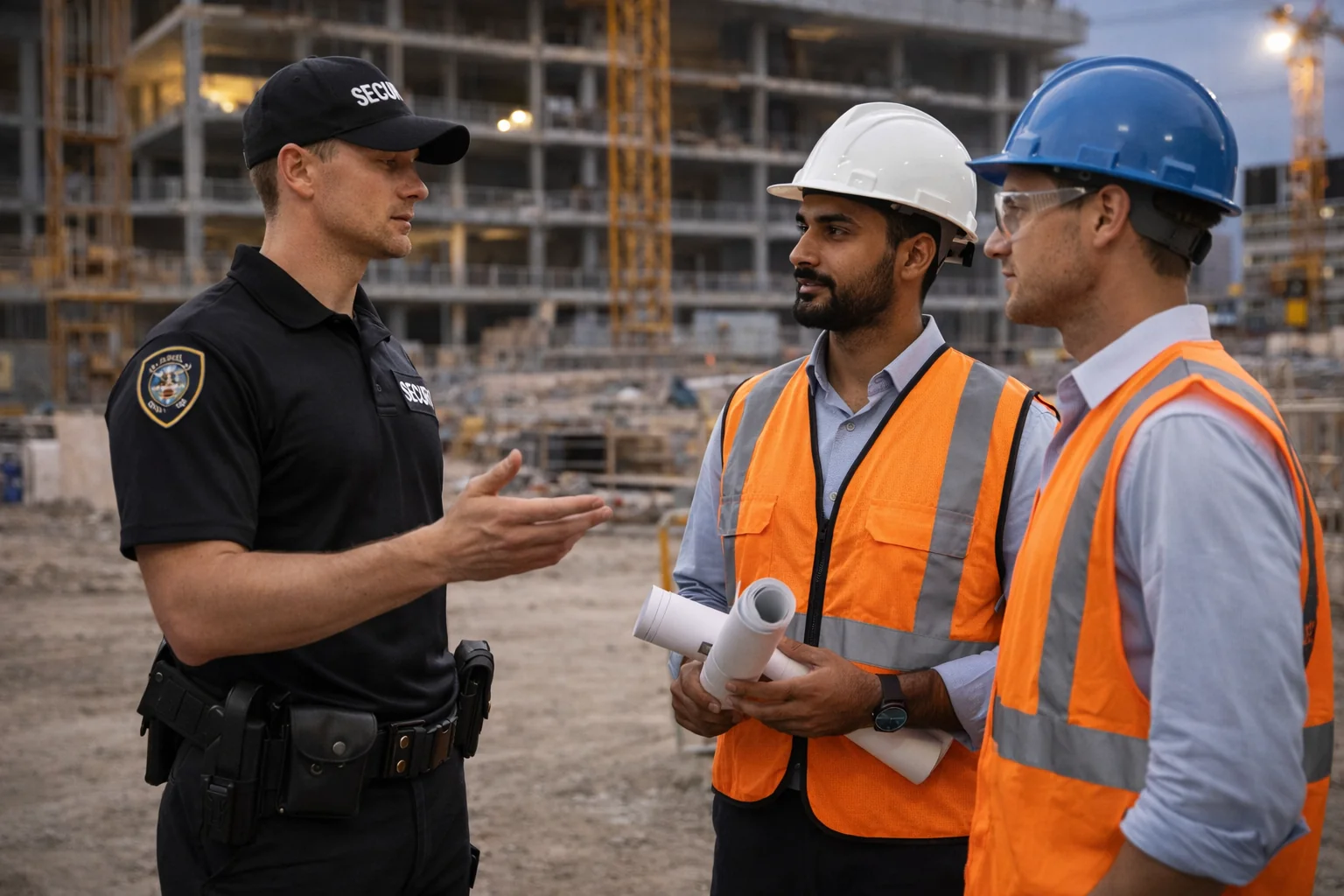 Security guard talking to the site engineers