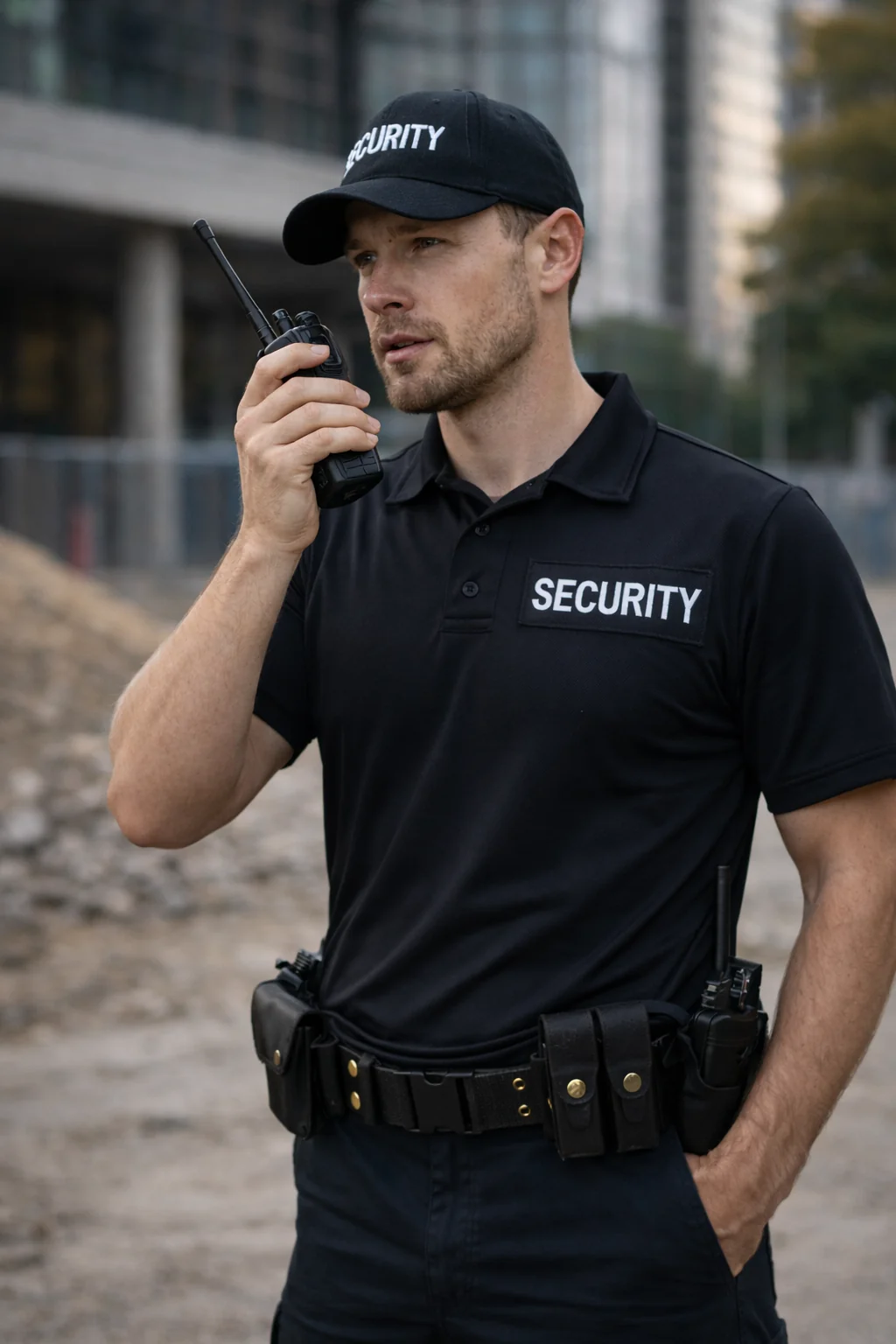 Security guard talking to someone using walkie talkie