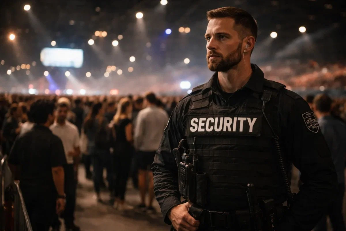 Event security guard monitoring crowd at concert