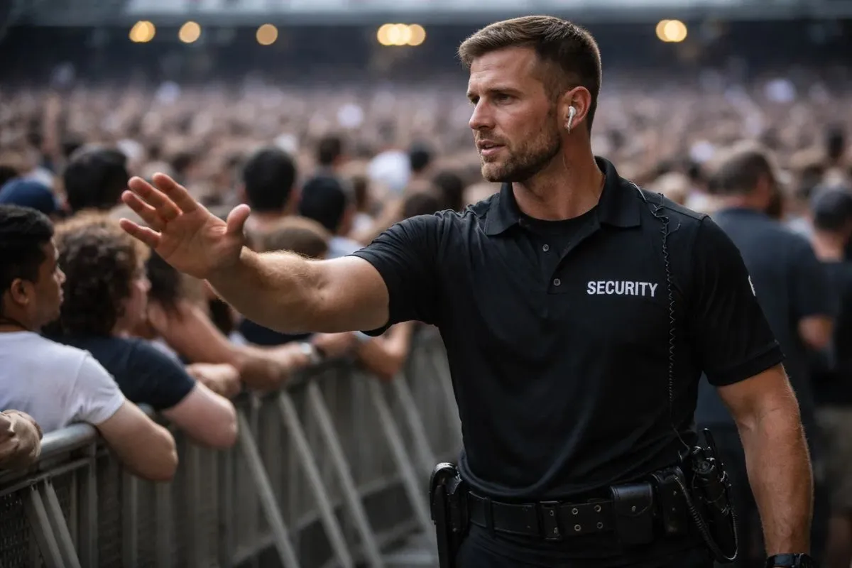 Security guard managing crowd at event