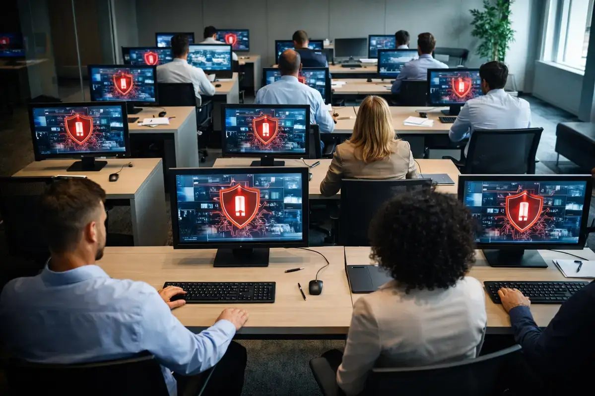 Corporate security awareness training session with employees at workstations