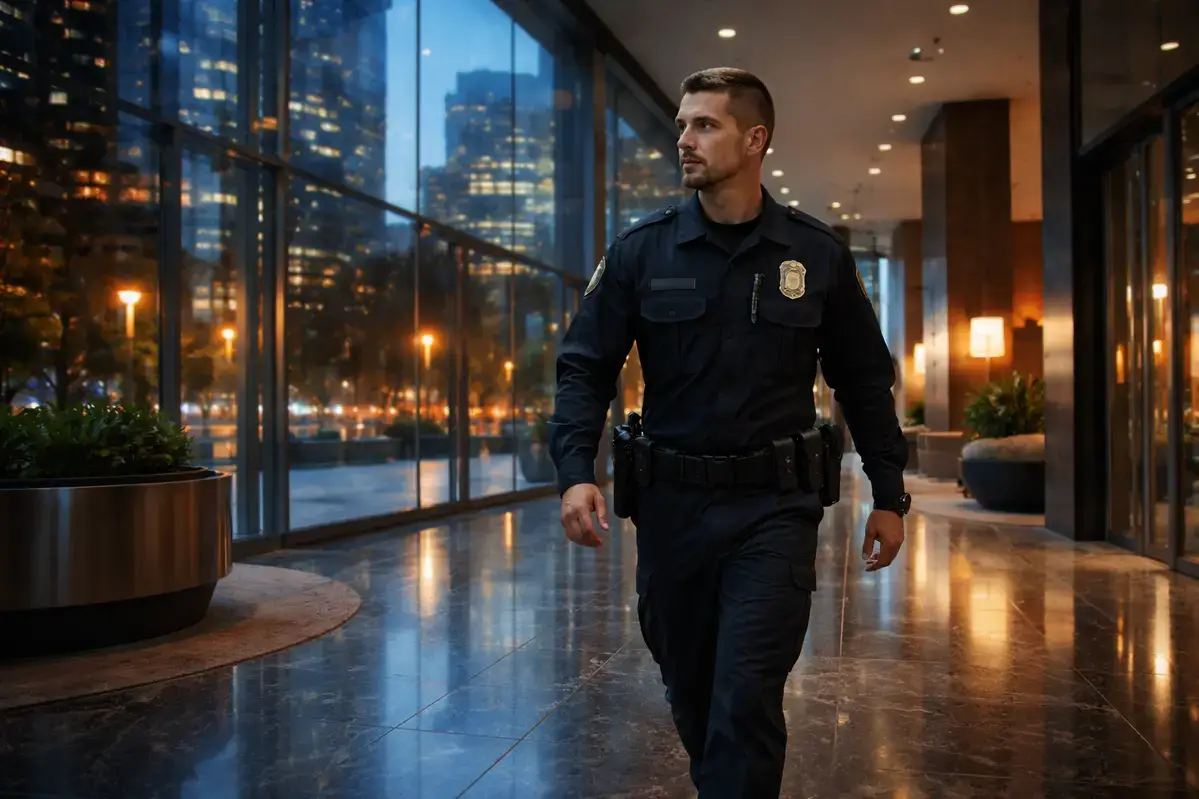 Security guard patrolling commercial building lobby at dusk