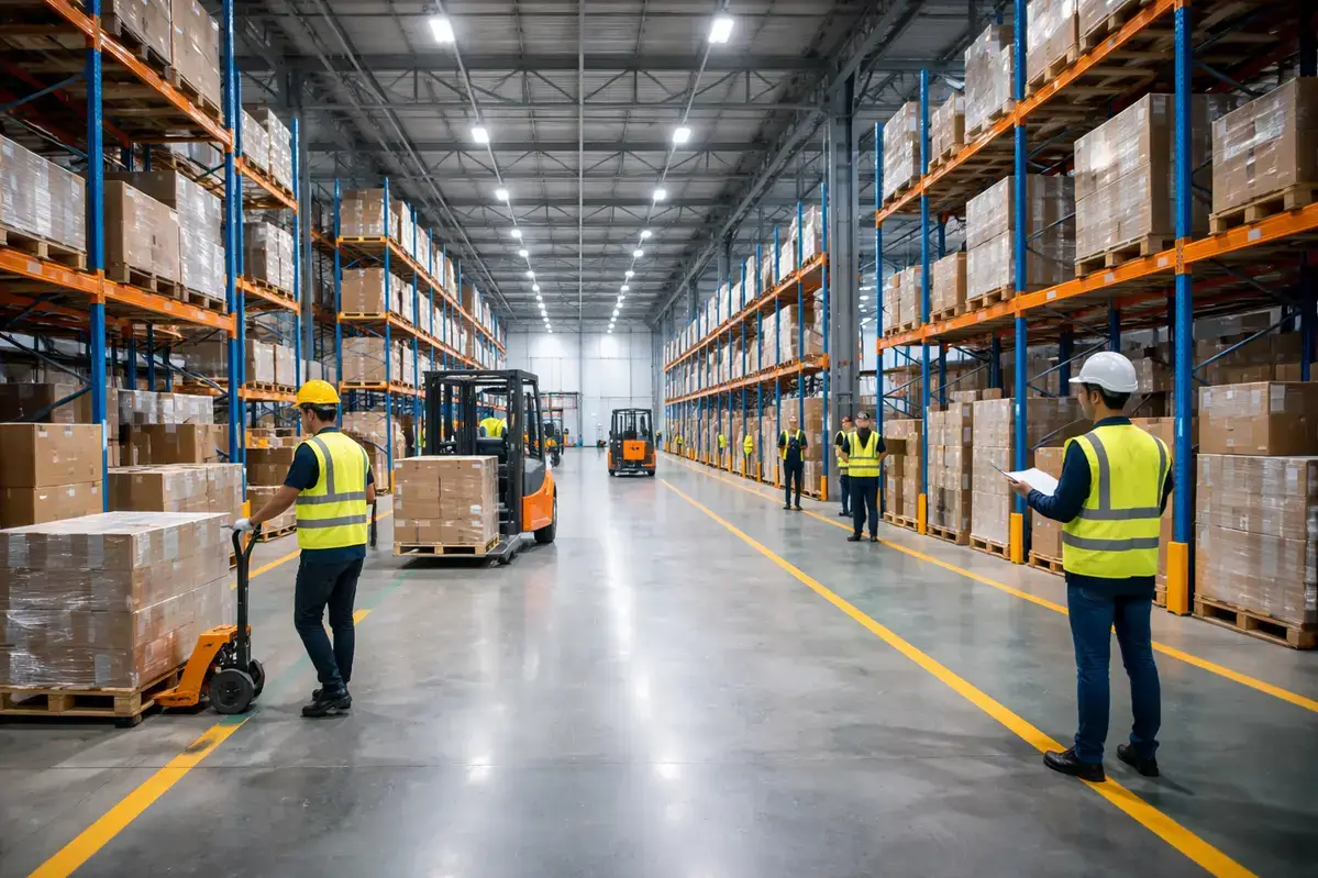 Warehouse safety tips being followed by workers in hi-vis vests on busy warehouse floor