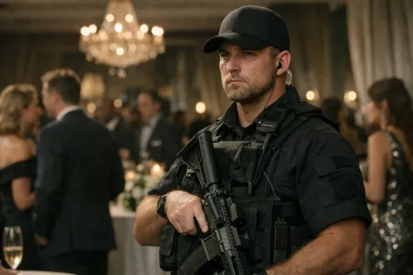 Armed security guard observing large crowd