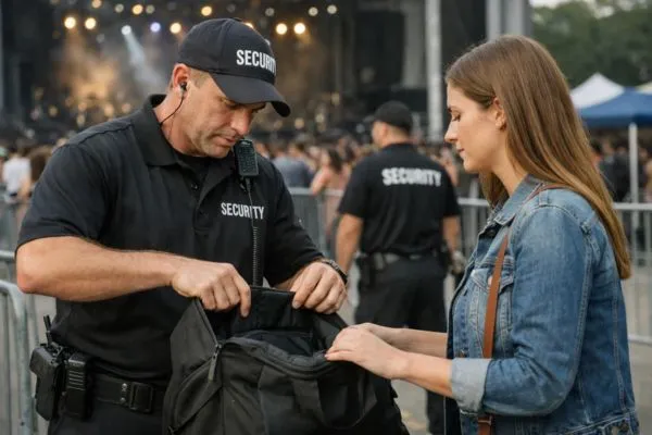 Security guard inspecting bag at event entrance
